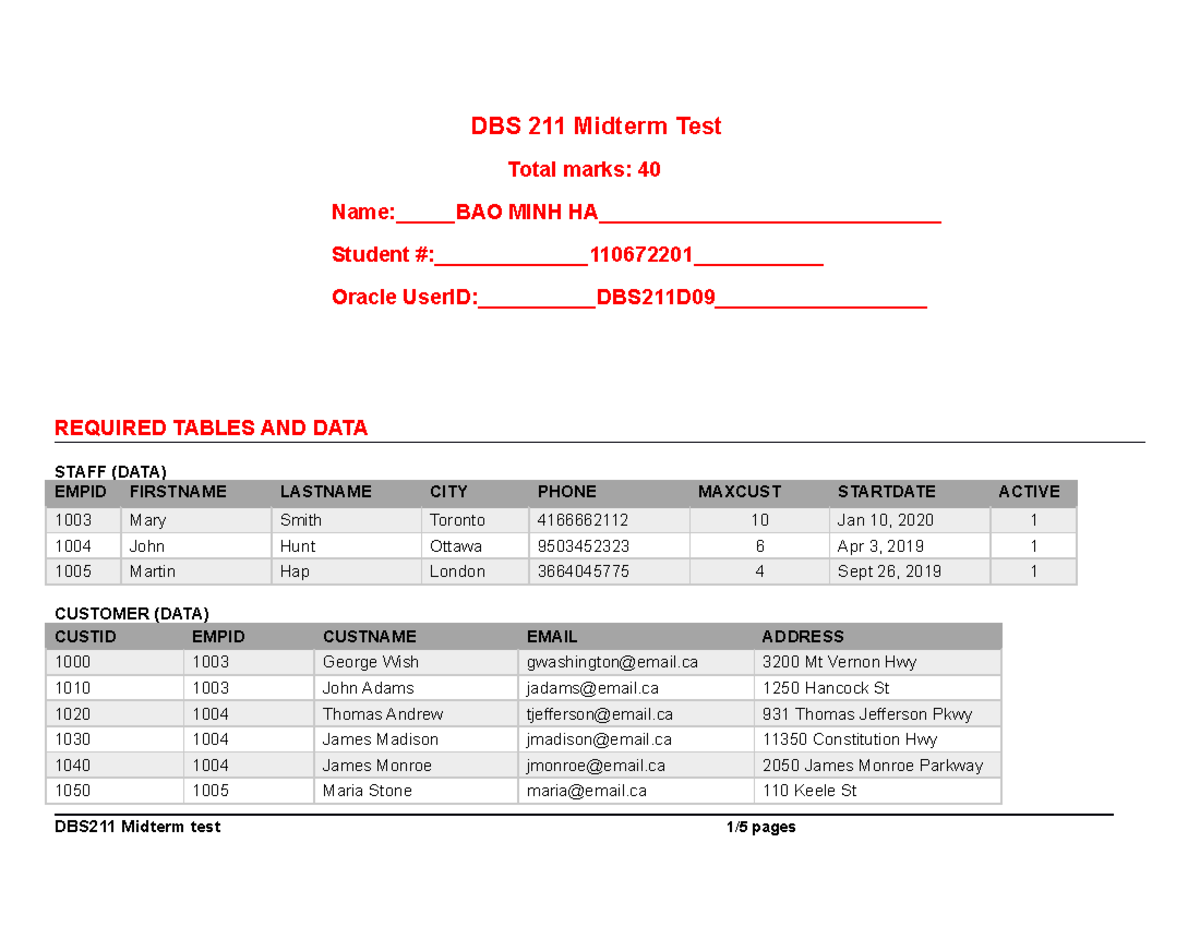 DBS211 Midterm Exam: SQL Table Creation and Queries Guide - Studocu