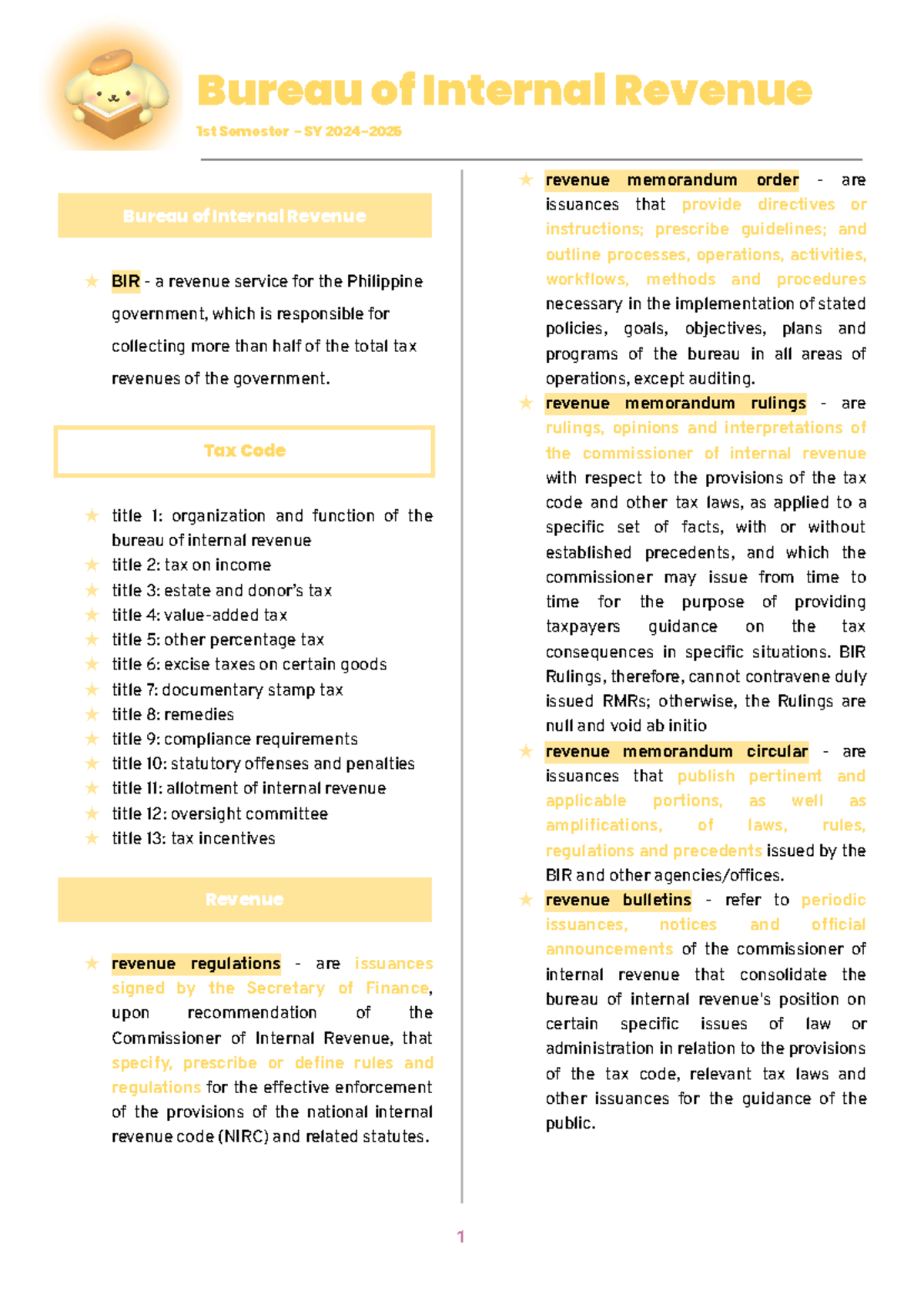 BIR Lecture Notes: Tax Code Overview and Revenue Regulations - Studocu