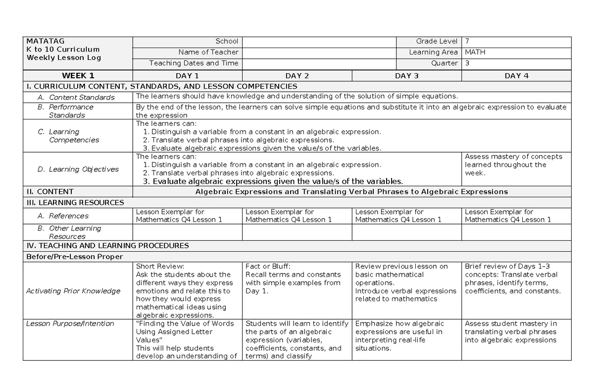 DLL Week 3 Q4 Mathematics 7 - Lesson Log on Solving Simple Equations ...