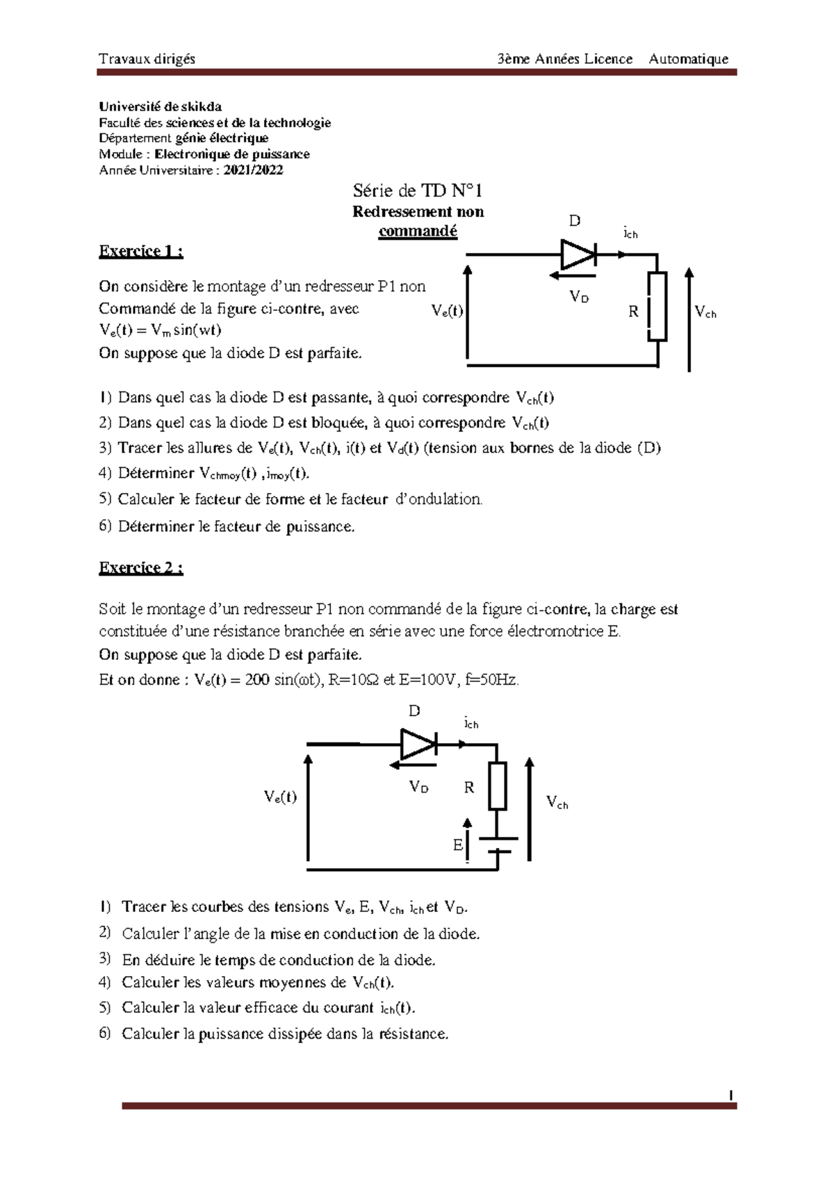 Travaux Dirigés ELP - TD N°1: Redressement Non Commandé en Électronique ...