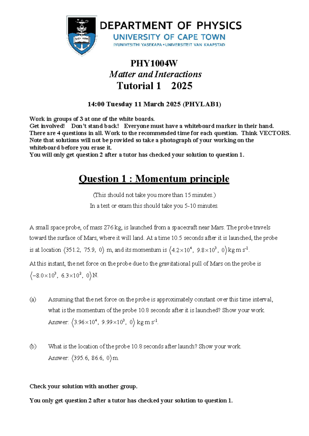 PHY1004W Tut01 2025 - UCT phy1004 material. - Matter and Interactions ...