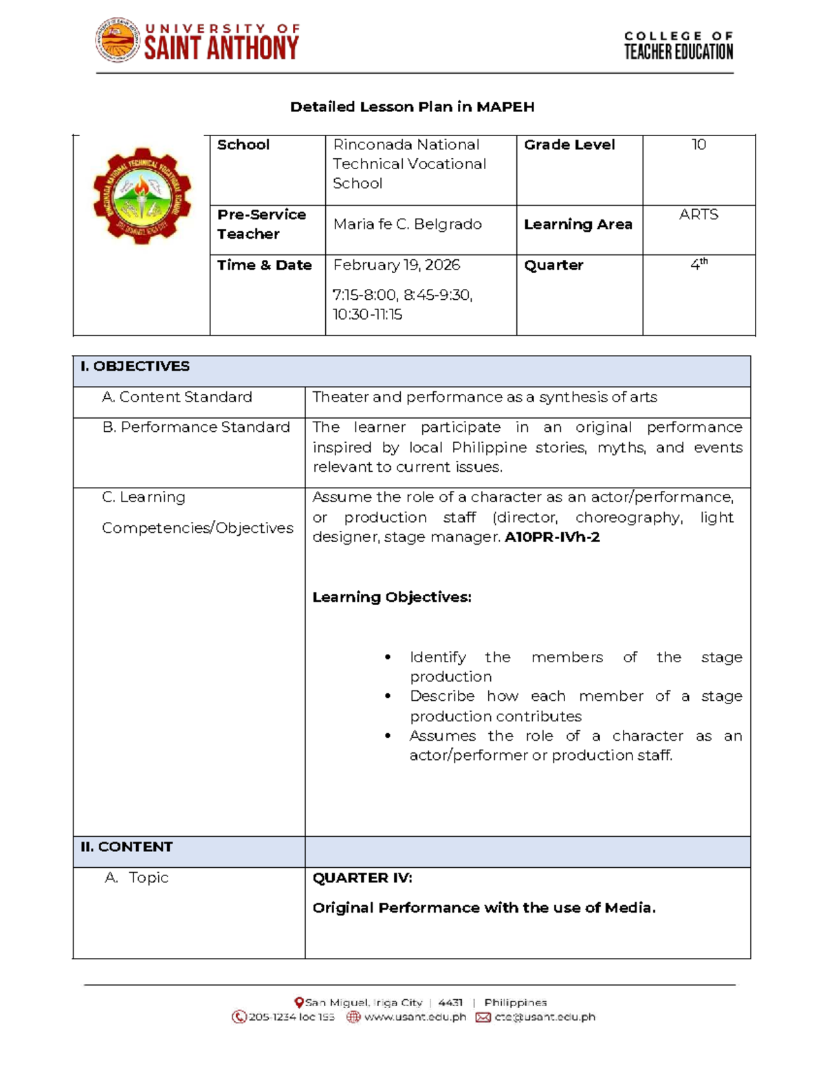 DLP in ARTS 4th Q: Roles in Stage Production - Studocu
