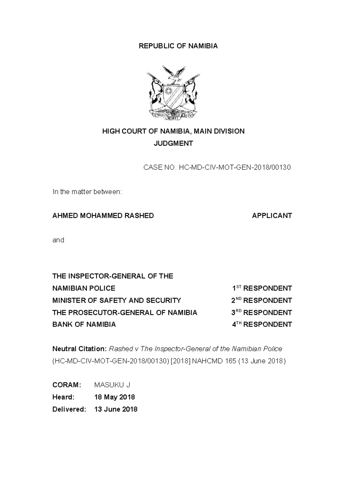 Rashed v The Namibian Police: High Court Judgment NAHCMD 165 (2018 ...