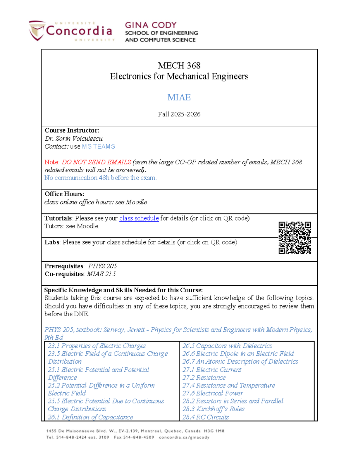 MECH 368 Fall 2025-2026 Course Outline and Instructor Information - Studocu