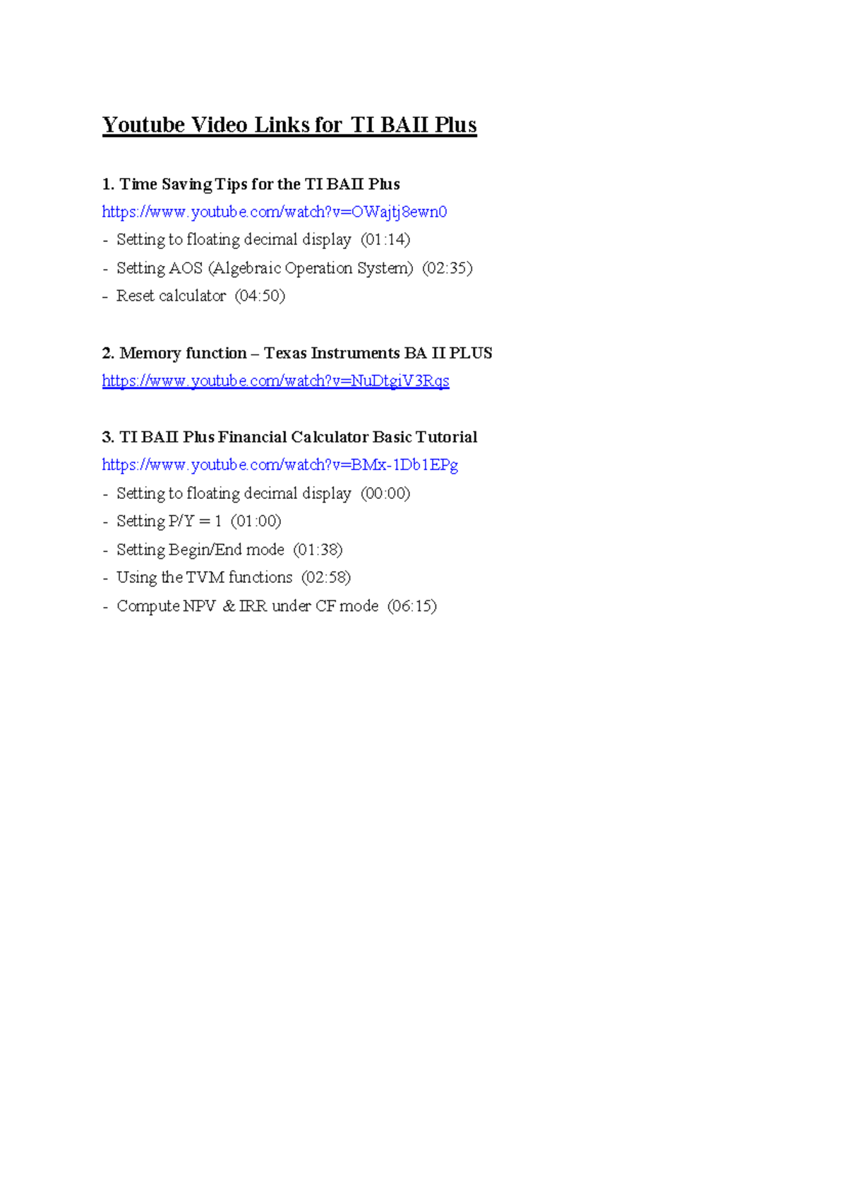 Youtube - Instructional Videos for TI BAII Plus 1 - Youtube Video Links ...
