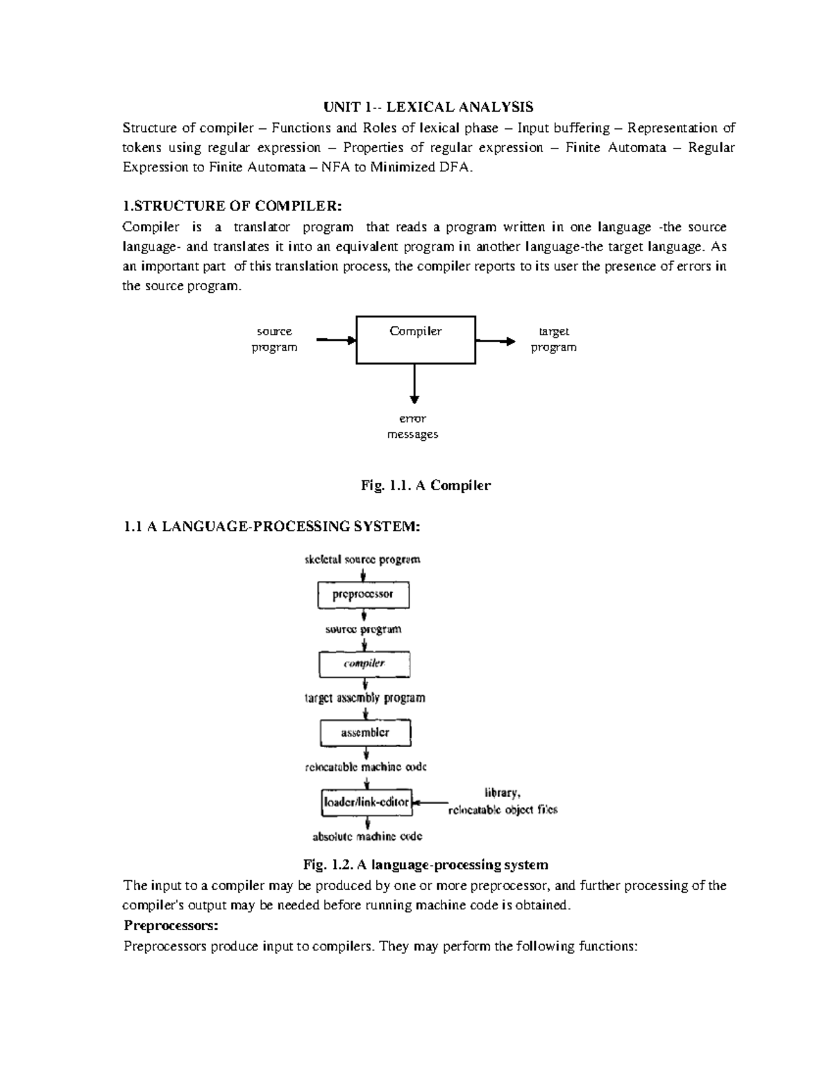 Lexical Analysis Notes FOR Compiler Design - UNIT 1- LEXICAL ANALYSIS ...