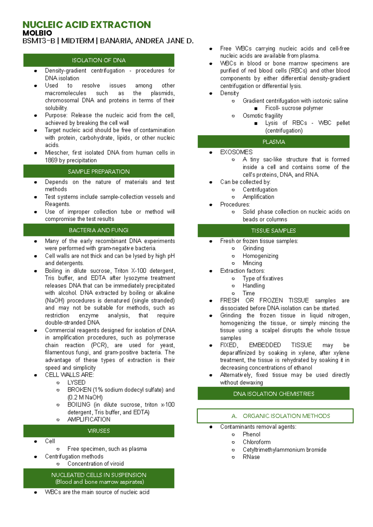 NUCLEIC ACID EXTRACTION MIDTERM NOTES - BANARIA, ANDREA J. - Studocu