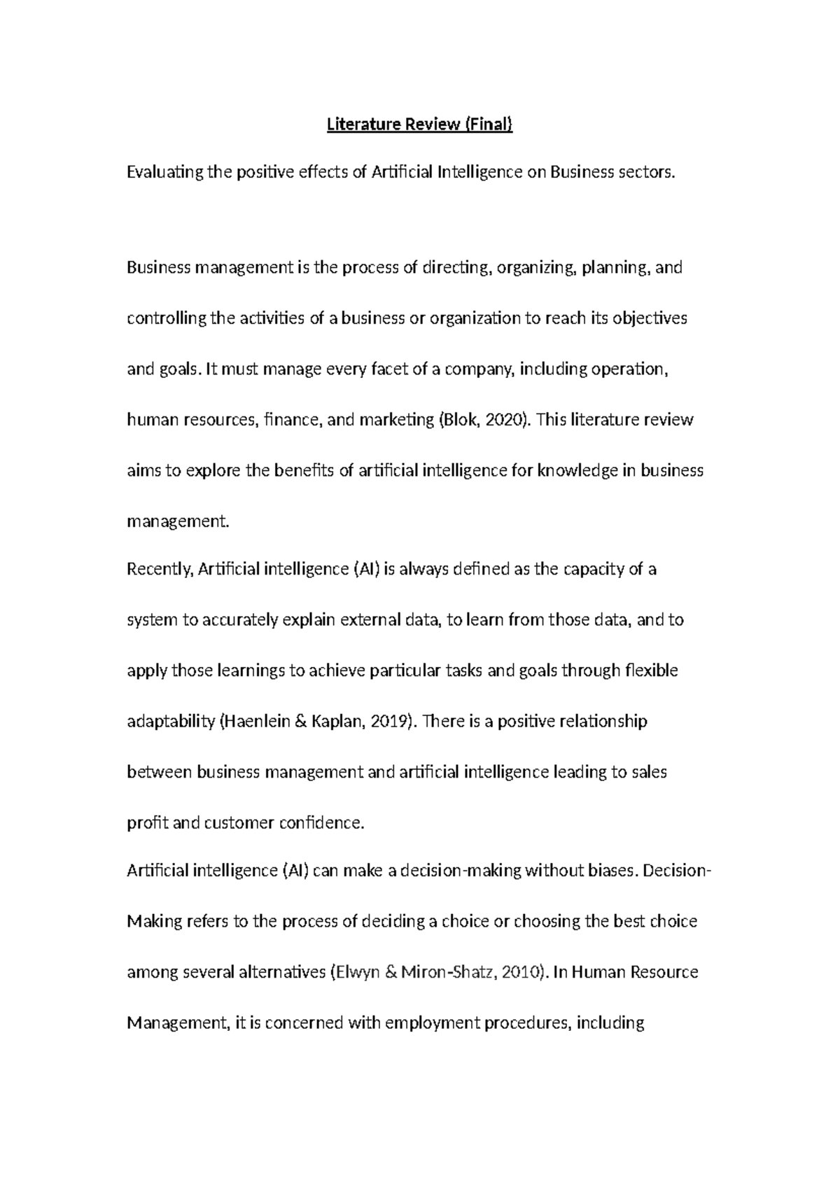 Literature Review (Final) on AI's Positive Impact in Business ...