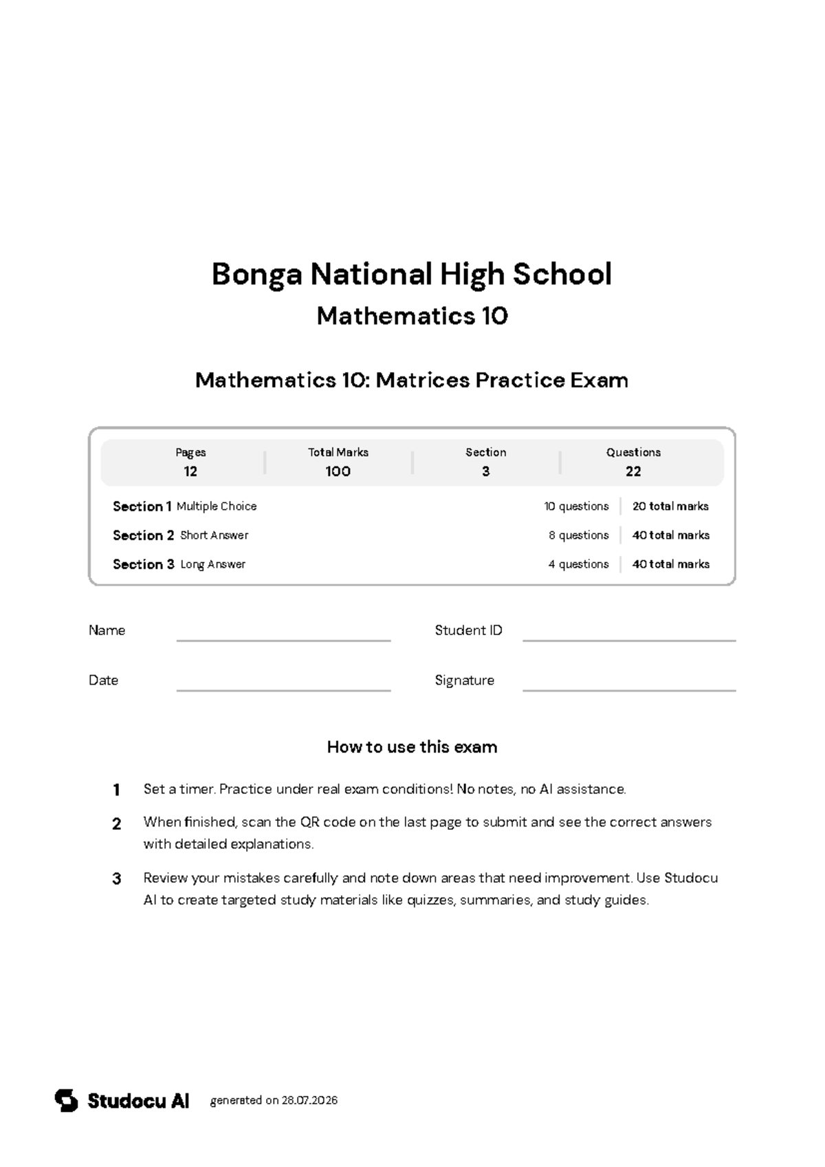Mathematics 10: Matrices Practice Exam - Studocu