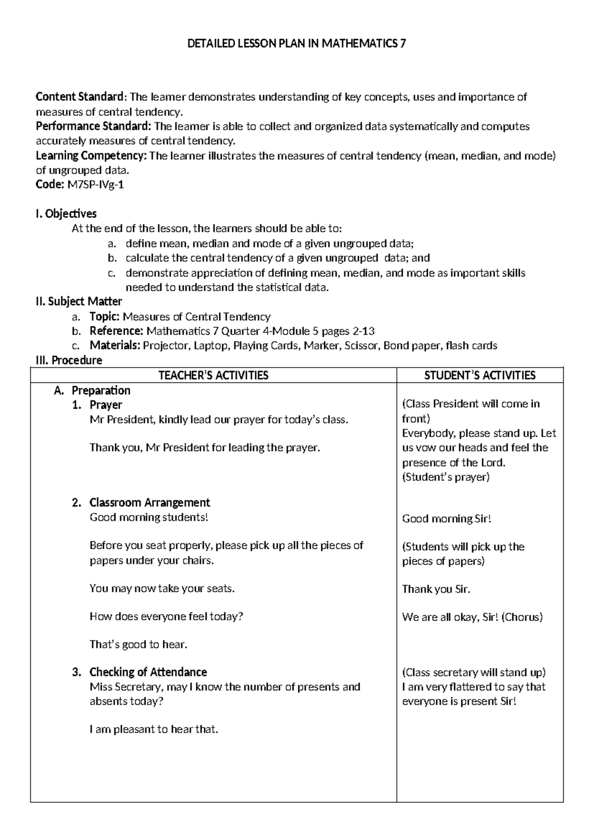 Detailed Lesson Plan: Measures of Central Tendency (Math 7) - Studocu