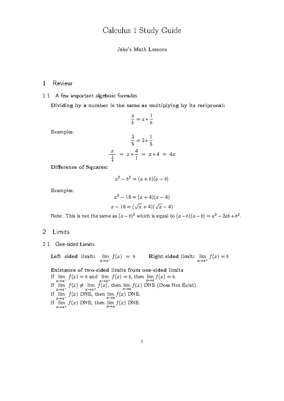 Calculus 1 Study Guide: Key Concepts and Formulas Review - Studocu