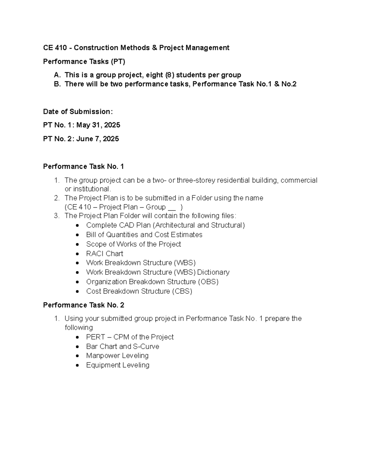 CE 410 Construction Methods Project Management Performance Tasks - Studocu