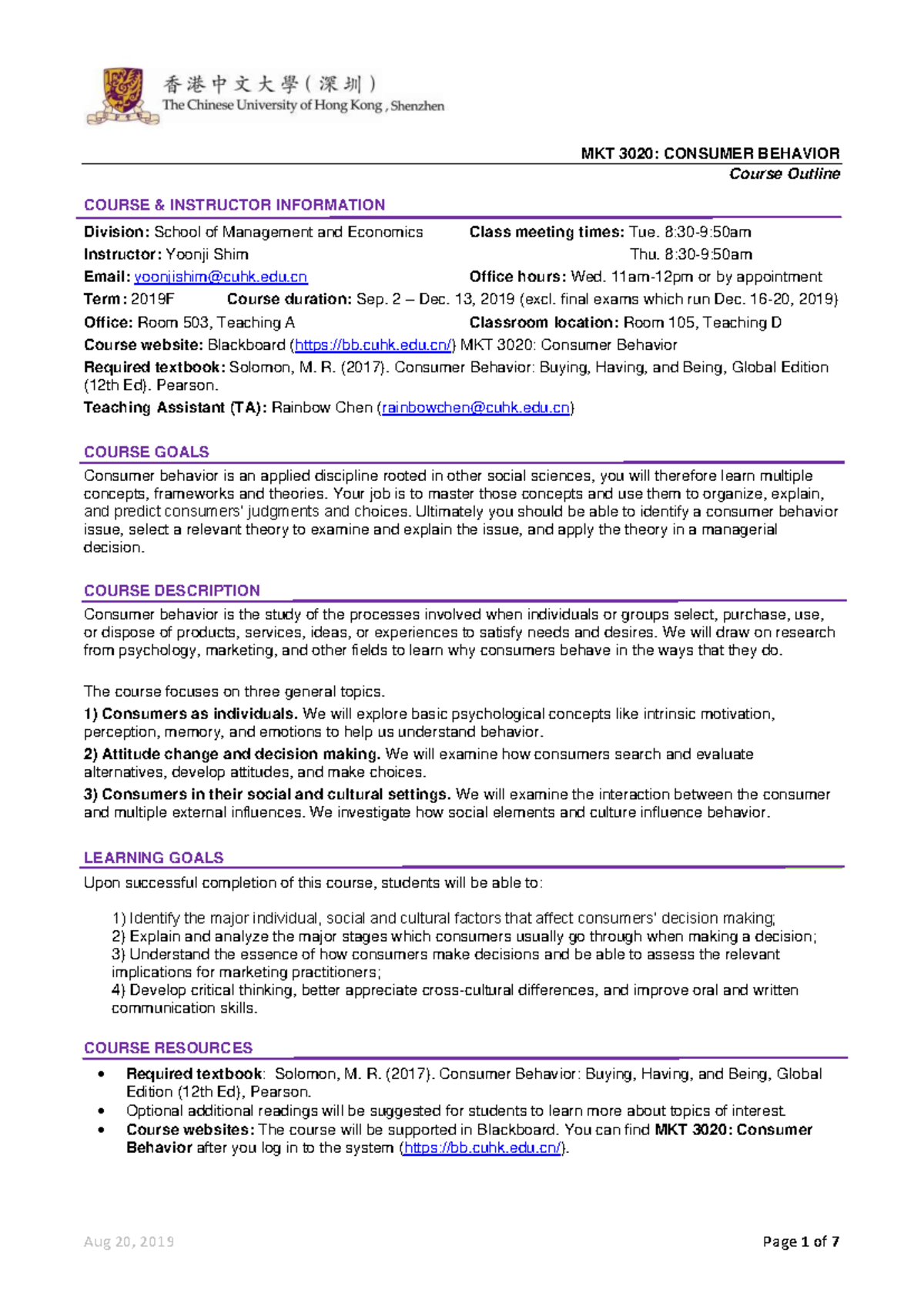 MKT 3020 Syllabus - Consumer Behavior Course Overview by Yoonji Shim ...
