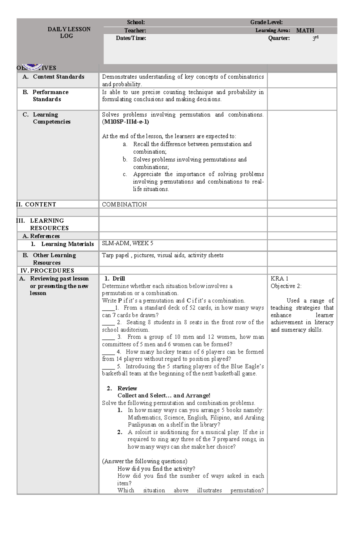 Grade 10 Math Q3 Lesson Log: Permutations & Combinations - Studocu