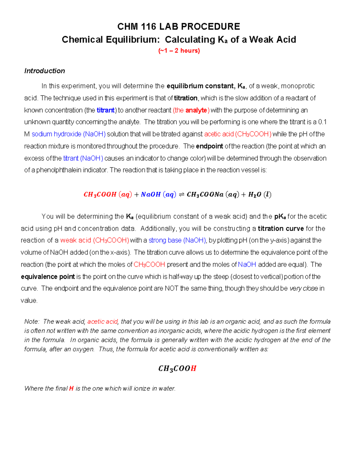 CHM 116 Lab Procedure: Determining Ka of a Weak Acid via Titration ...