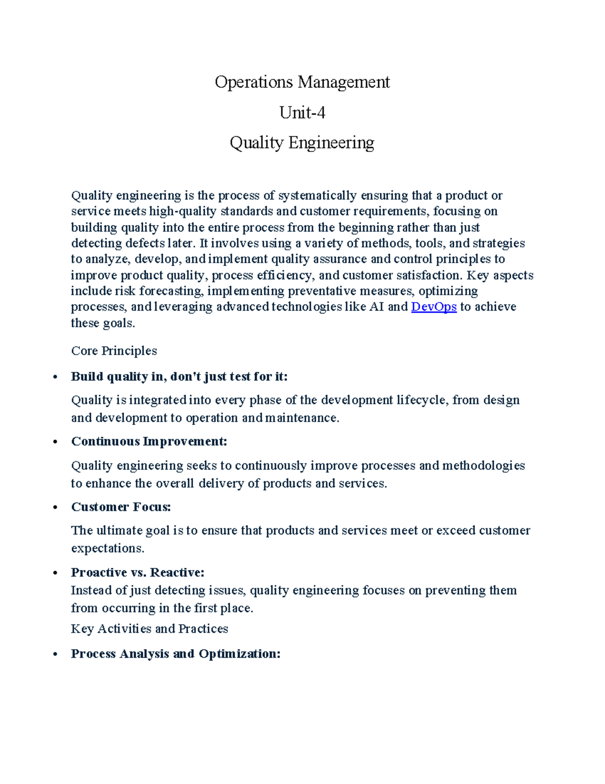 Operations Management (OM) Unit 4: Quality Engineering Notes - Studocu
