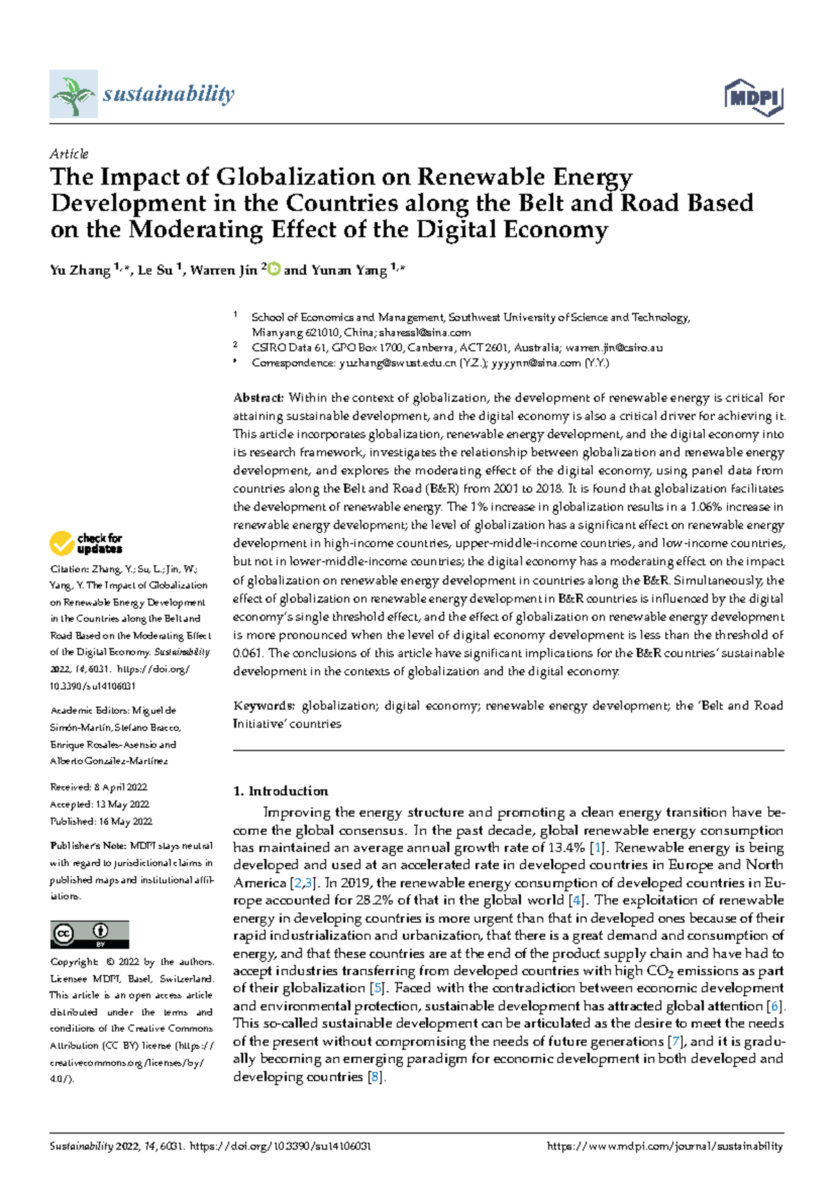 Sustainability-14-06031 - Citation: Zhang, Y.; Su, L.; Jin, W.; Yang, Y ...