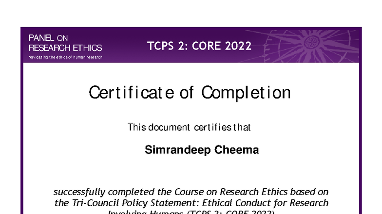 Tcps2-eptc2-certificate 2 - Poli Sci 1020 - PANEL ON RESEARCH ETHICS ...