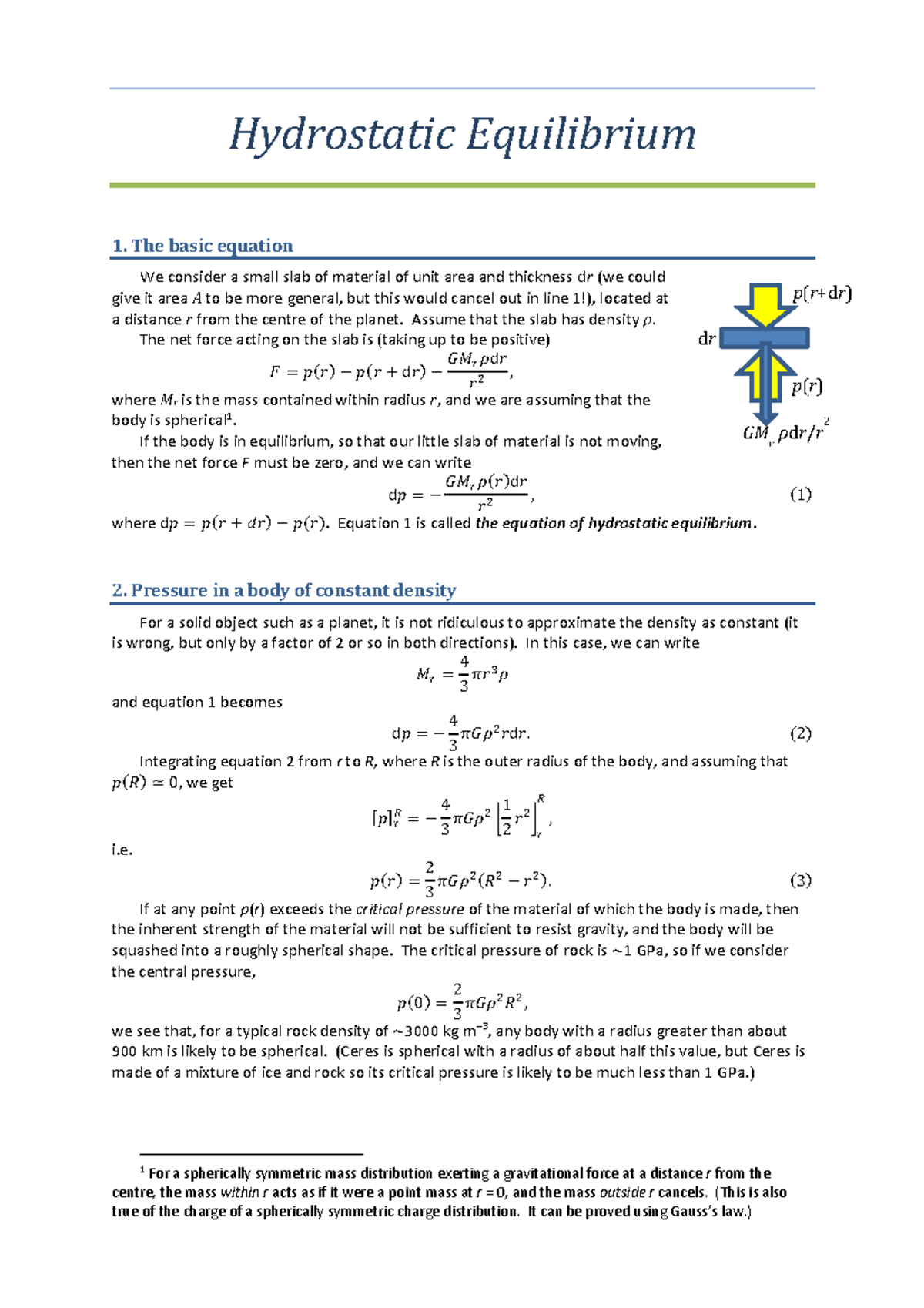 Hydrostatic Equilibrium - The basic equation We consider a small slab ...