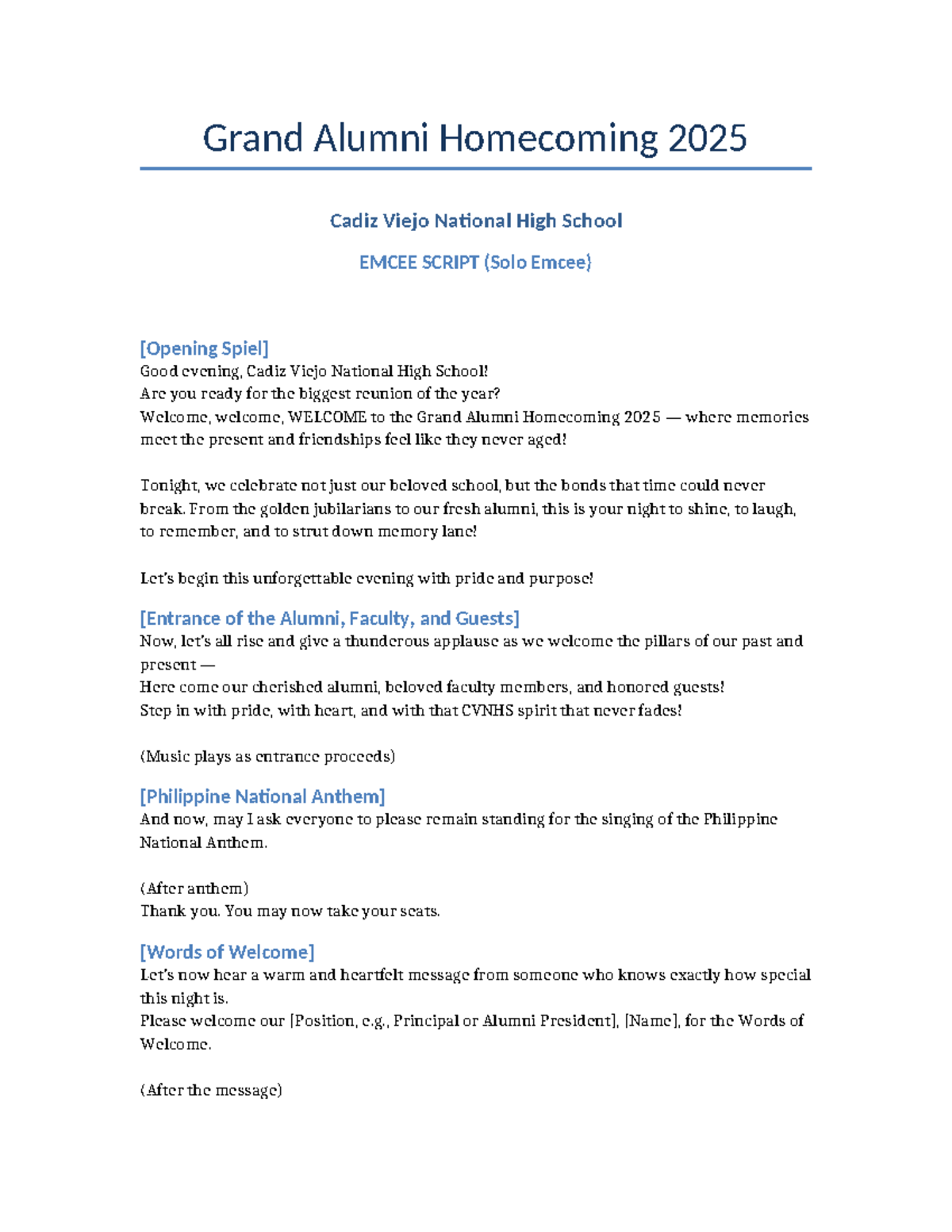Grand Alumni Homecoming 2025 EMCEE SCRIPT for CVNHS - Studocu