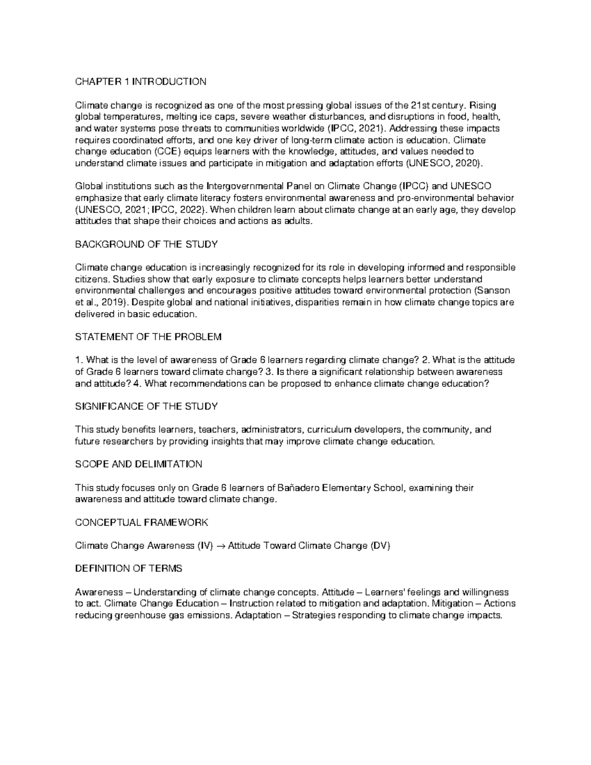 CHAPTER 1: Climate Change Education for Grade 6 Learners - Studocu