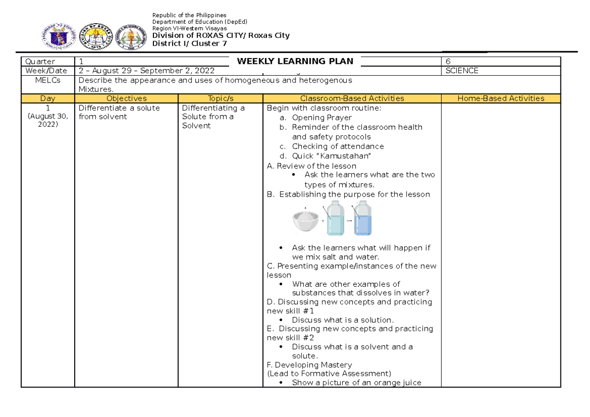 Weekly Learning PLAN Q1 W2 Science - Quarter 1 Grade Level 6 Week/Date ...