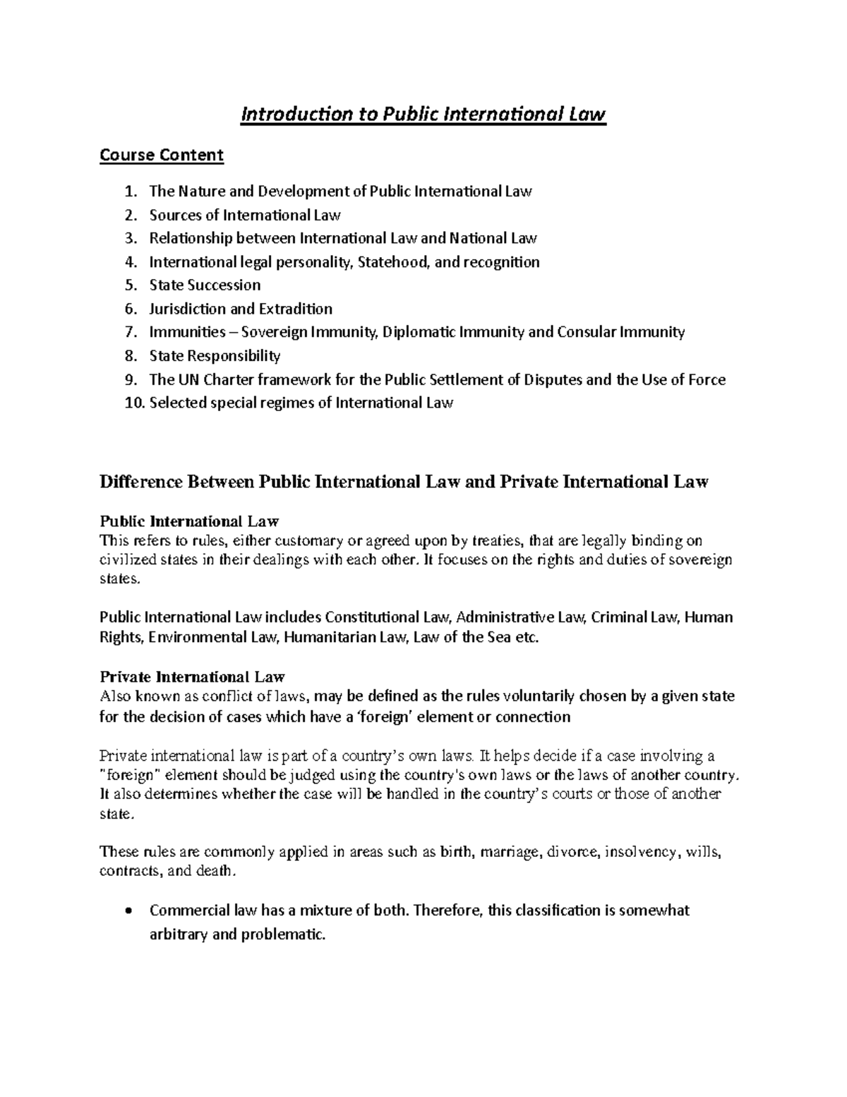 Introduction to Public International Law (PIL) - Course Overview - Studocu