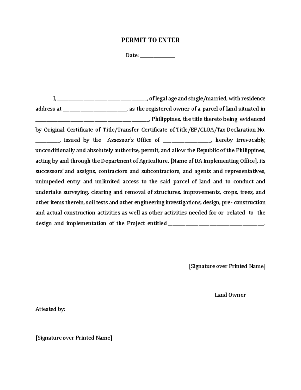 Permit to Enter Authorization for Land Access in the Philippines - Studocu