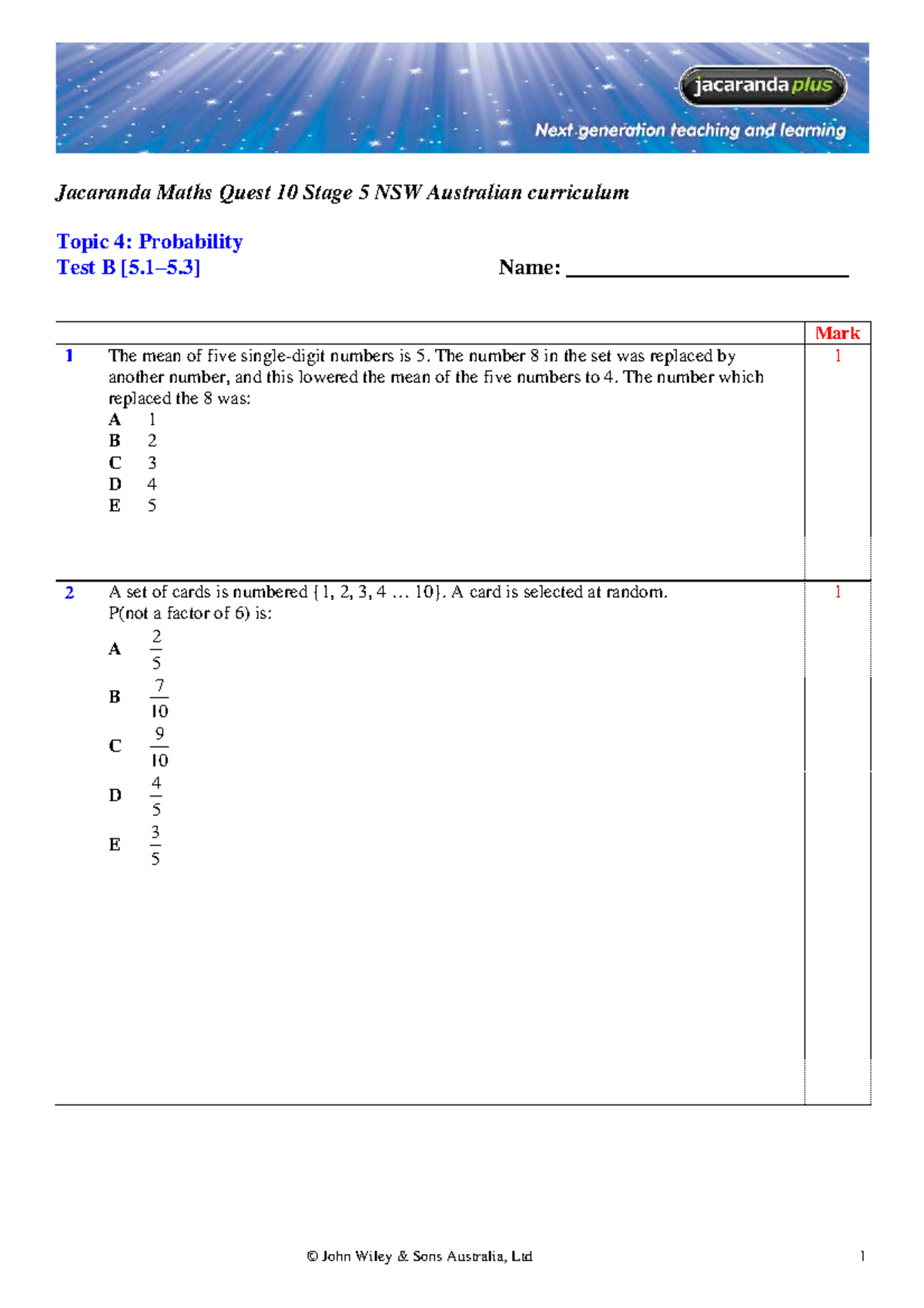 Jacaranda Maths Quest 10 Stage 5 NSW Topic 4: Probability Test B - Studocu