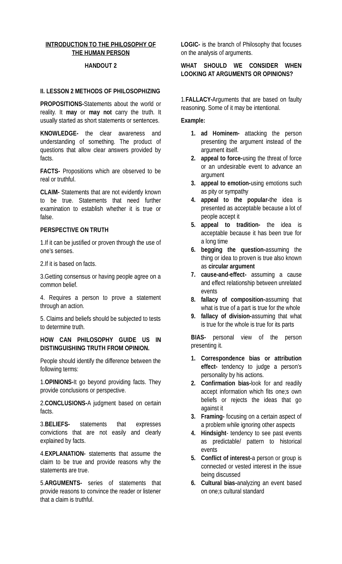 Philo 101: Handout 2 - Methods of Philosophizing & Analyzing Arguments ...