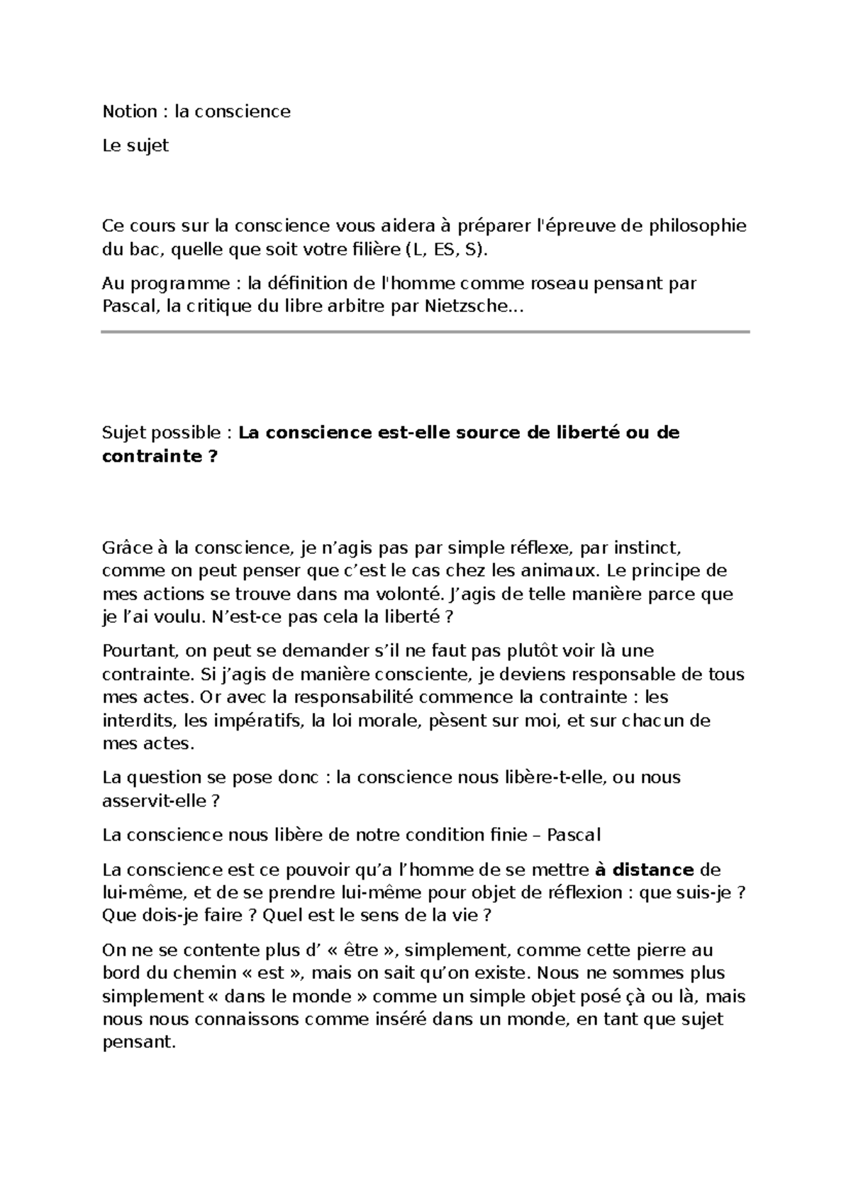 Notion De La Conscience En Philosophie Cours Bac L Es S Studocu