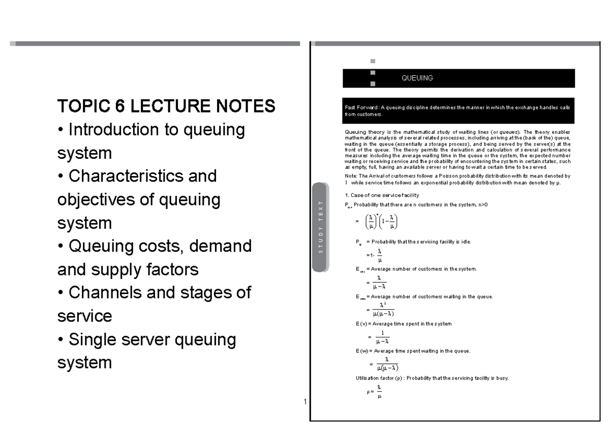 Queuing theory lecture notes - quantitative techniques (QTM 101) - Studocu