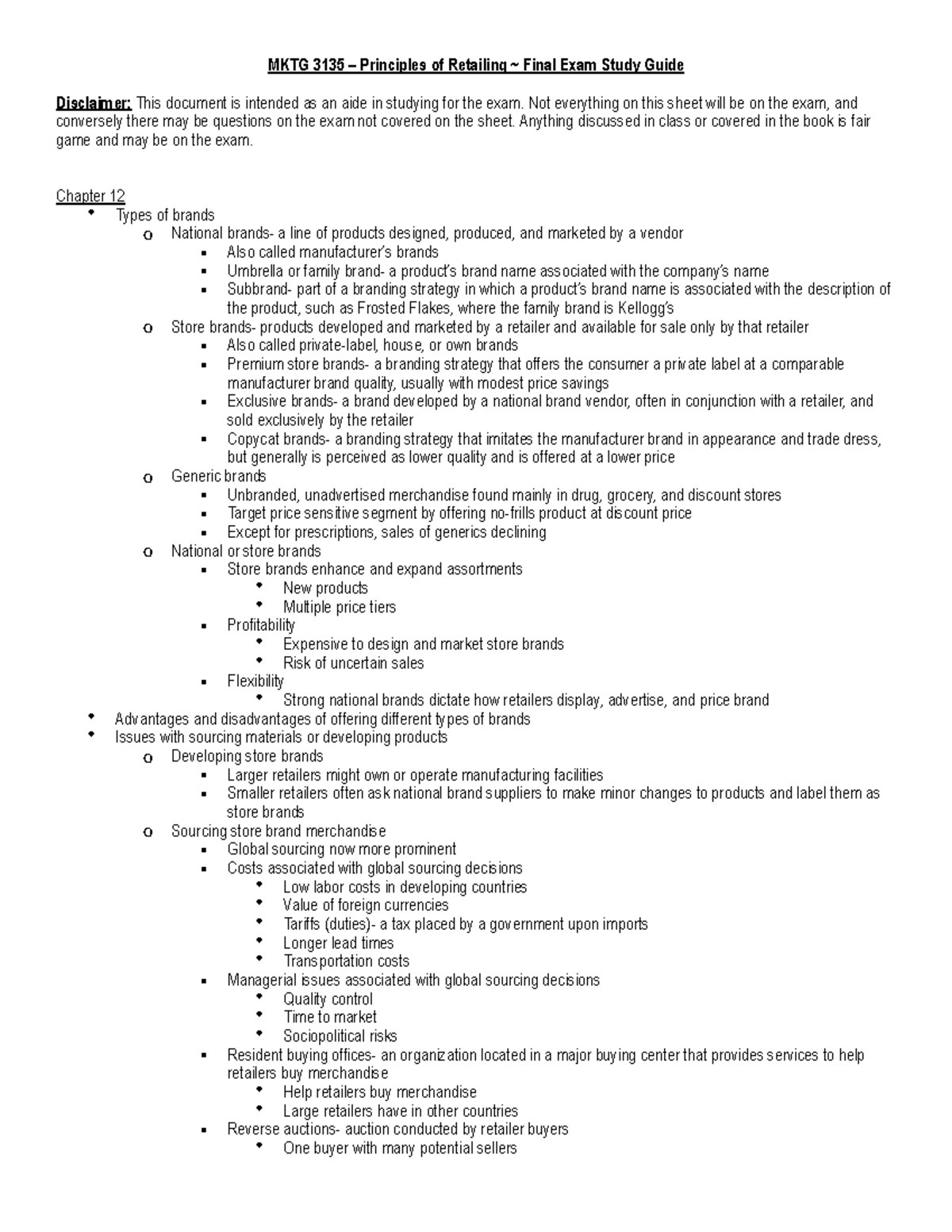 Final Exam Study Guide (C12-14) - MKTG 3135 – Principles of Retailing ...