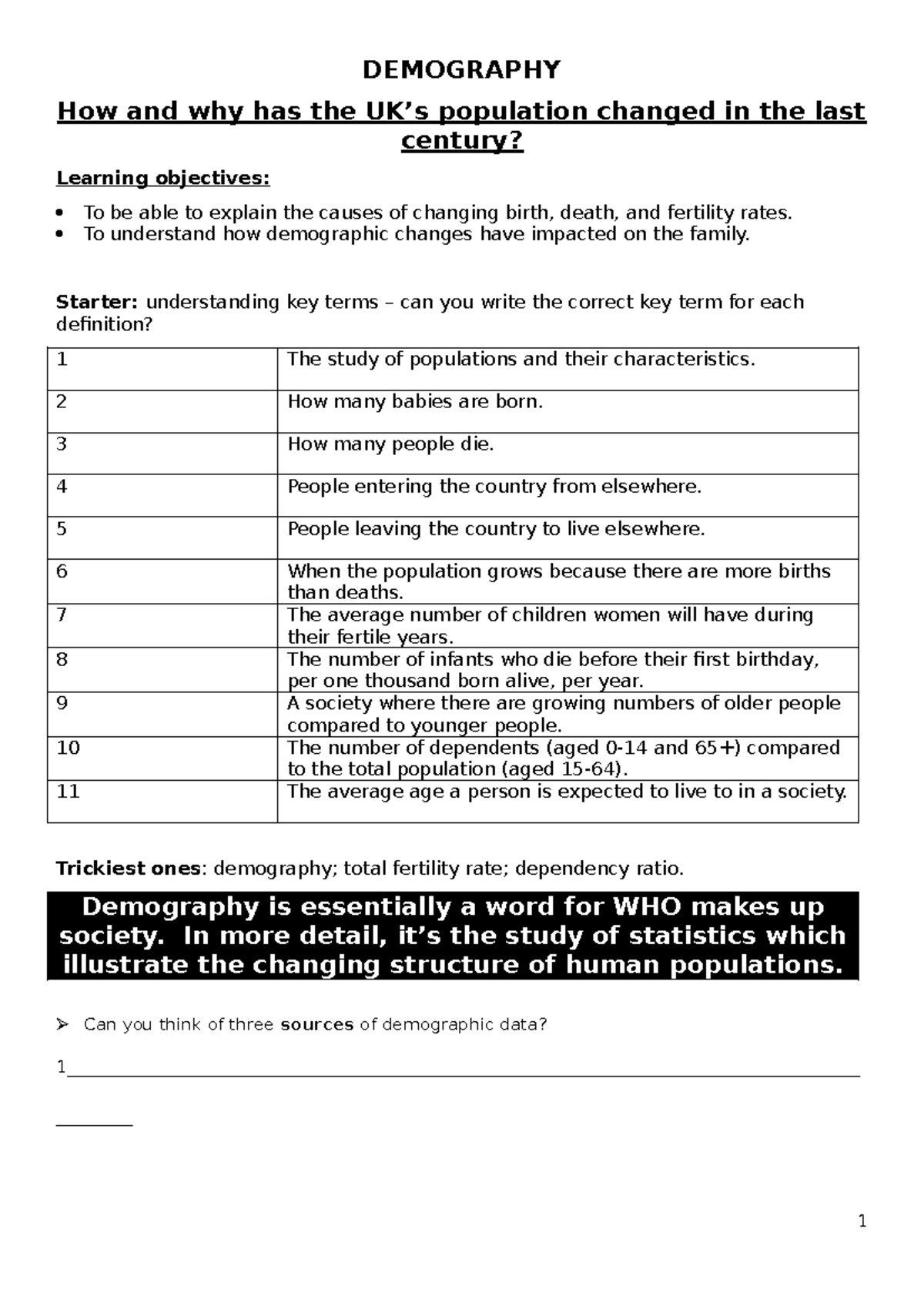 Demography 1 Work Booklet: Understanding Population Changes and Trends ...