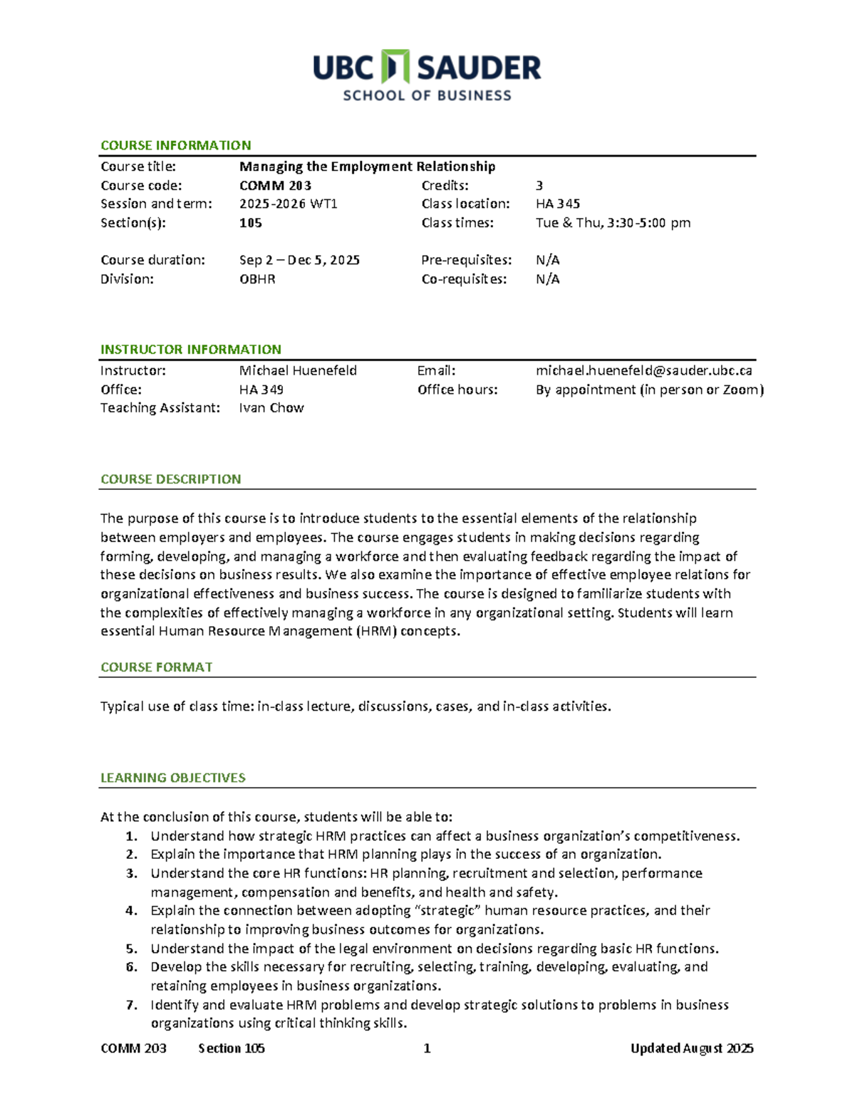 COMM 203 Course Outline: Managing the Employment Relationship WT1 - Studocu