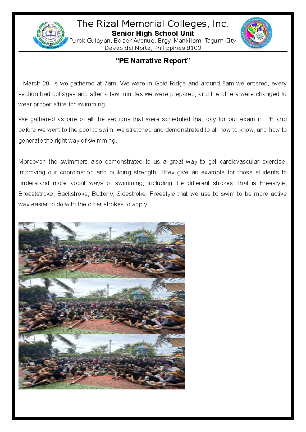 Narrative Report on PE Swimming Exam at Rizal Memorial Colleges - Studocu