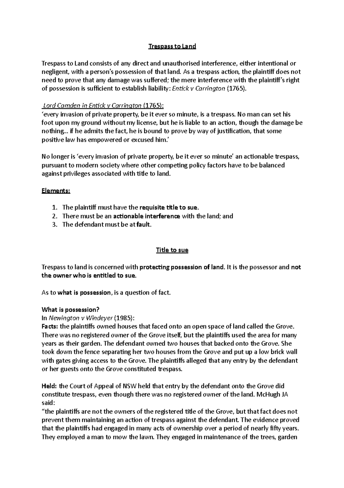 Trespass to Land- Intentional Torts- Lecture Notes - Trespass to Land ...