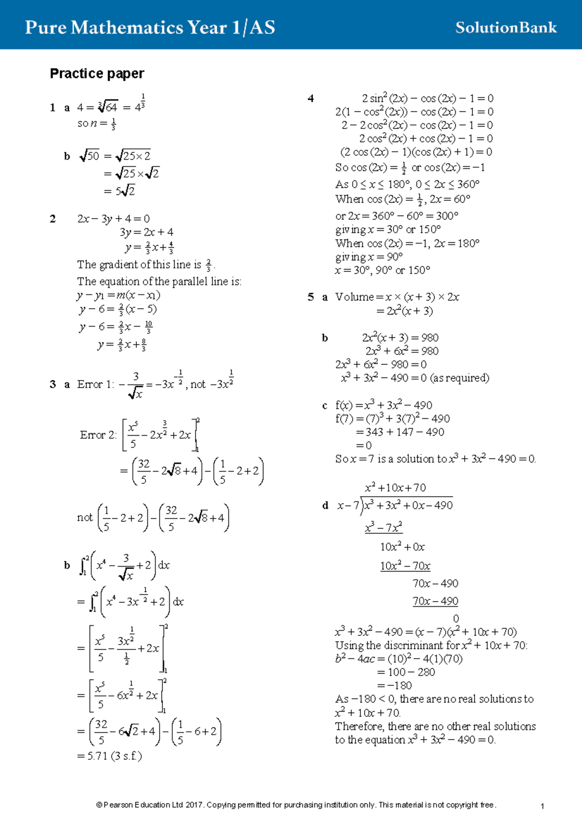 AS Pure Mathematics Textbook – Practice Paper 1 Solutions - Practice ...