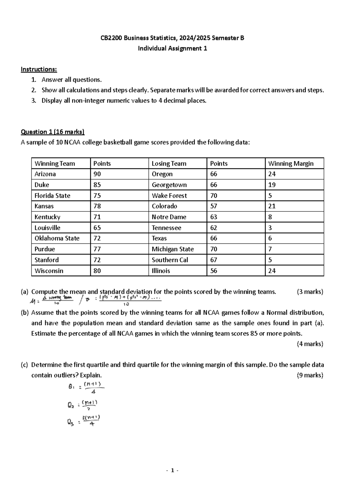 CB2200 Business statistics semester B individual assignment 1 questions ...