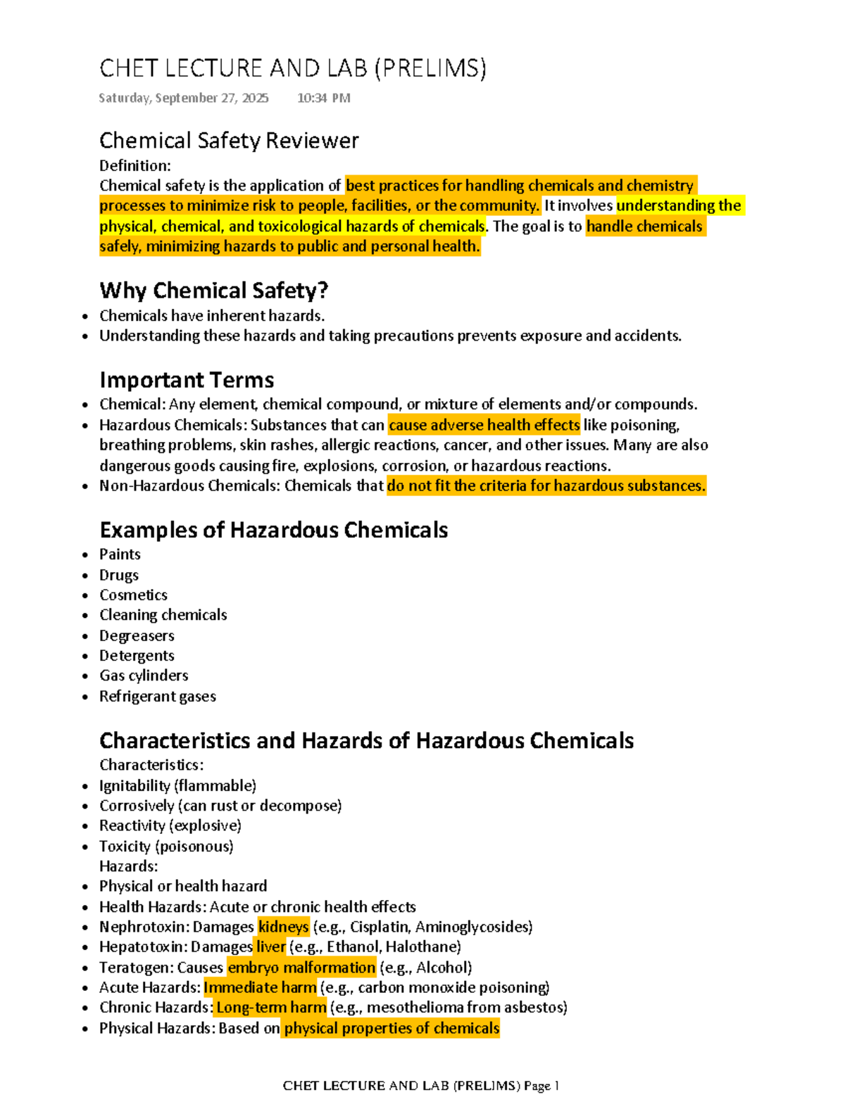 CHET LECTURE AND LAB (PRELIMS) - Chemical Safety Overview - Studocu