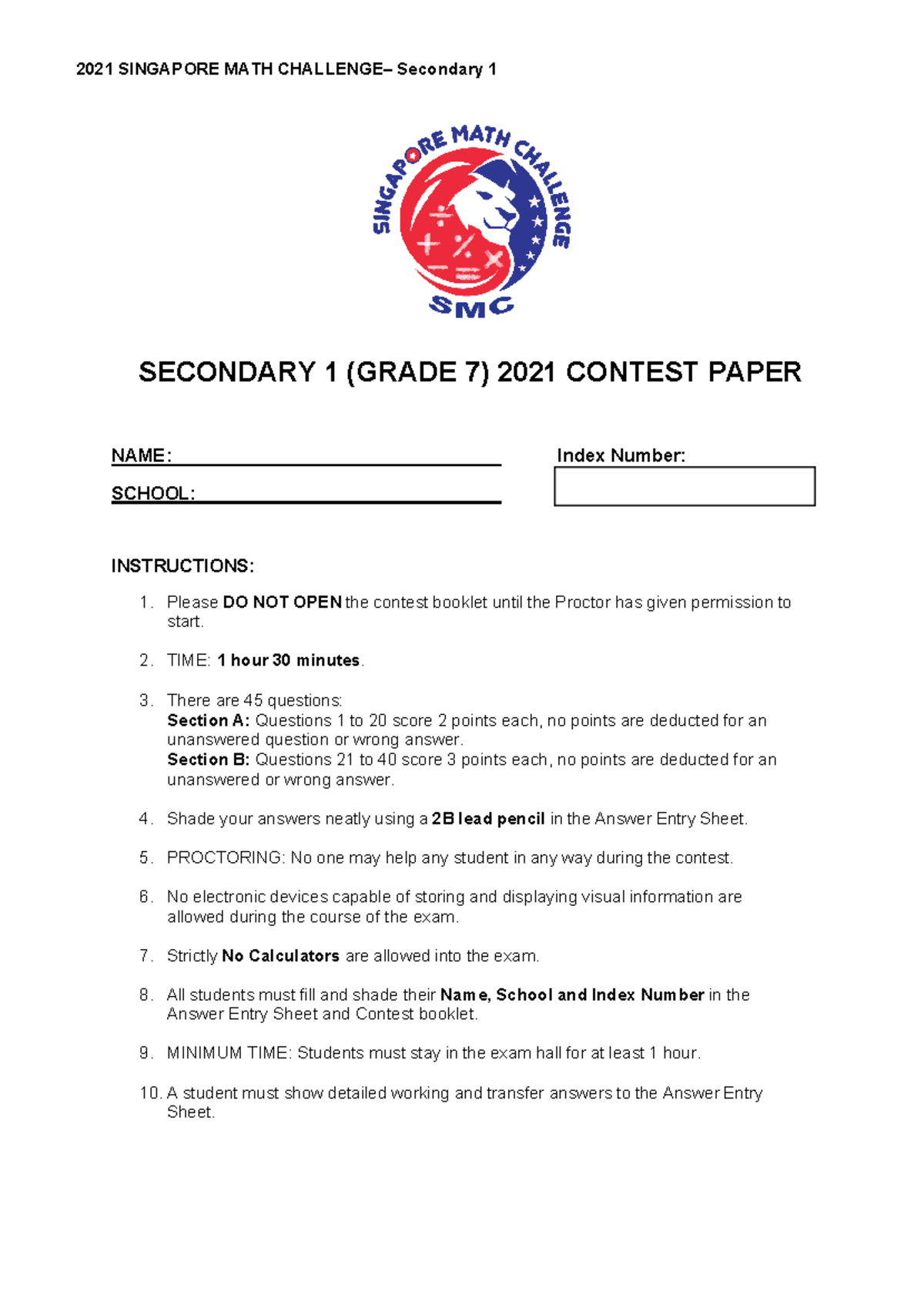 2021 SINGAPORE MATH Secondary 1 Contest Paper & Answer Keys - Studocu