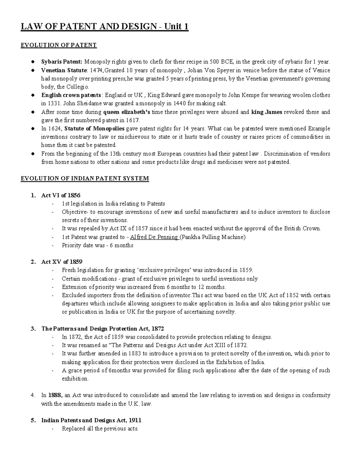 LAW OF PATENT AND DESIGN (LAPD) - Unit 1: Evolution of Patent Systems ...