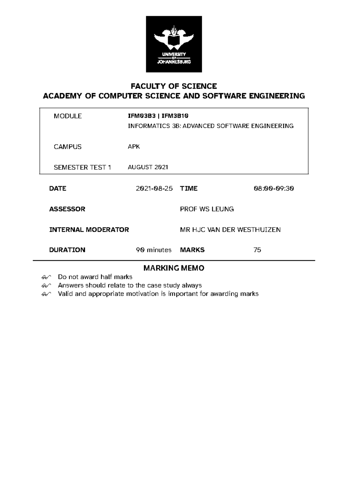 INFORMATICS 3B: SEMESTER TEST 1 MARKING MEMO - AUGUST 2021 - Studocu
