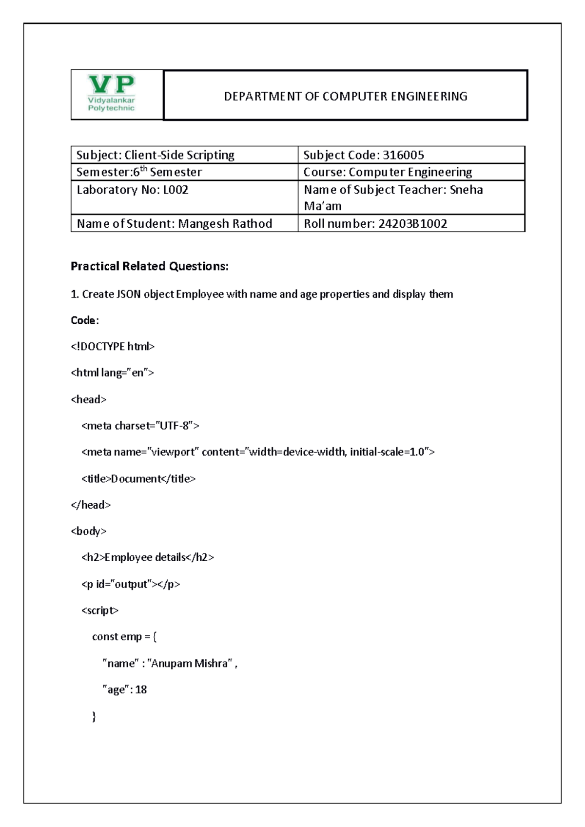 316005 6th Sem CSS Practical Lab 3 - JSON Object Creation - Studocu