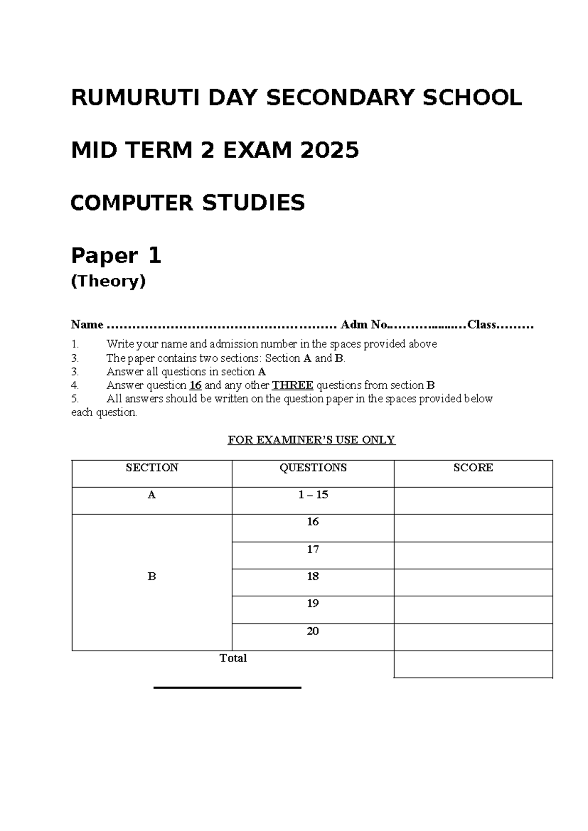 COMP-PP1-1 Form 3 Mid Term 2 Exam 2025 Computer Studies Paper 1 - Studocu