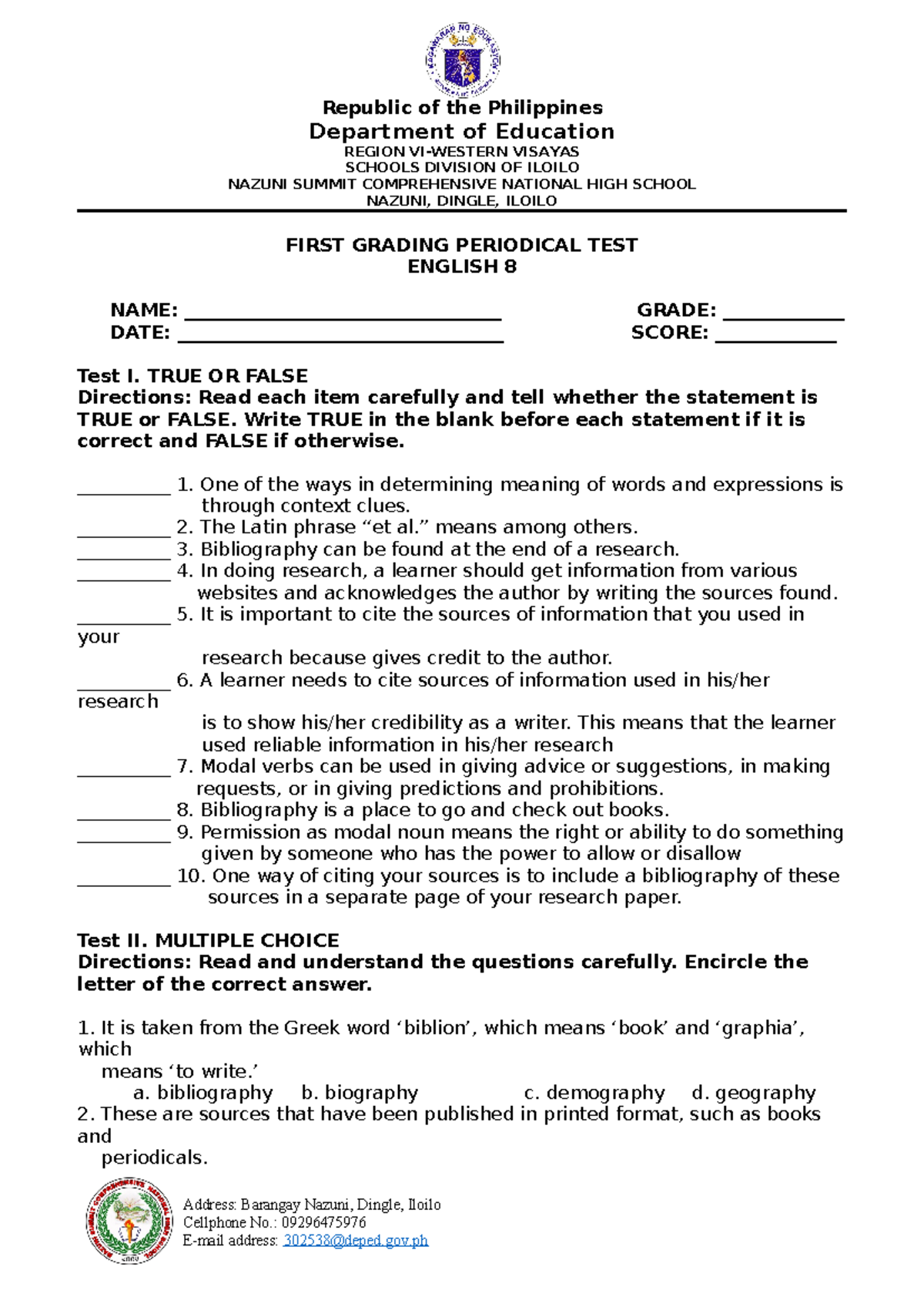 First Grading Periodical Test for English 8 - Nazuni Summit High School ...