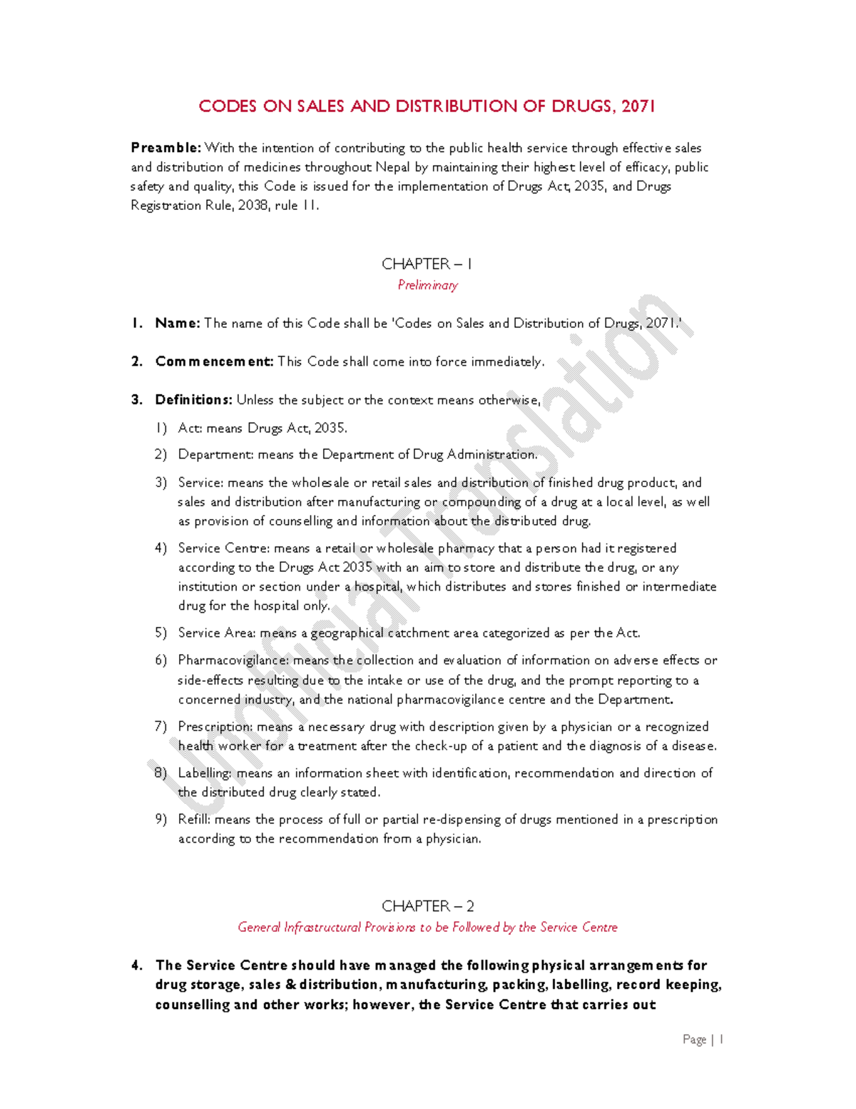 Drugs Sales & Distribution Codes, 2071 (2014): Translated Final Version ...