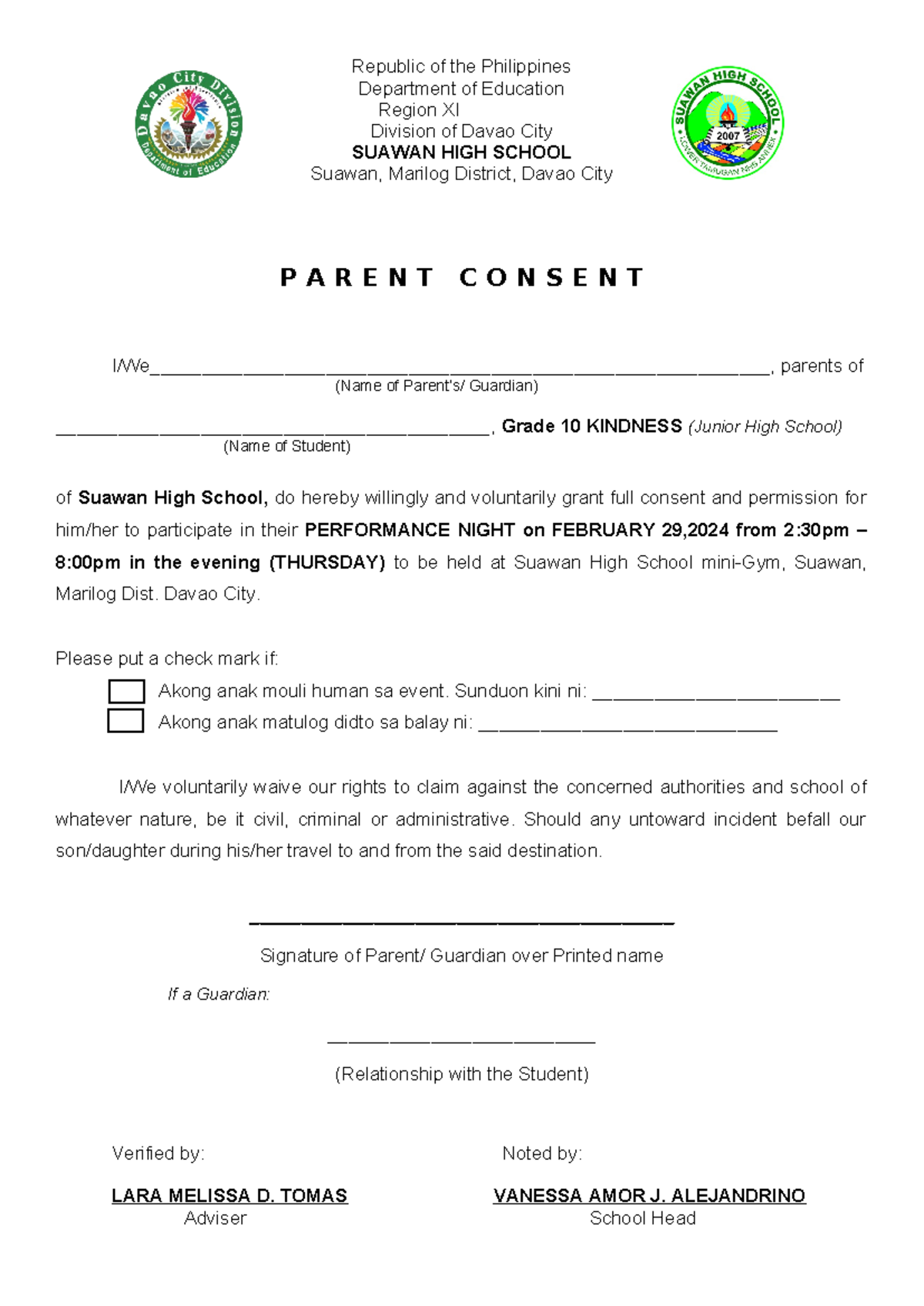 Parents' Consent for Grade 10 KINDNESS at the PROM Night Event - Studocu