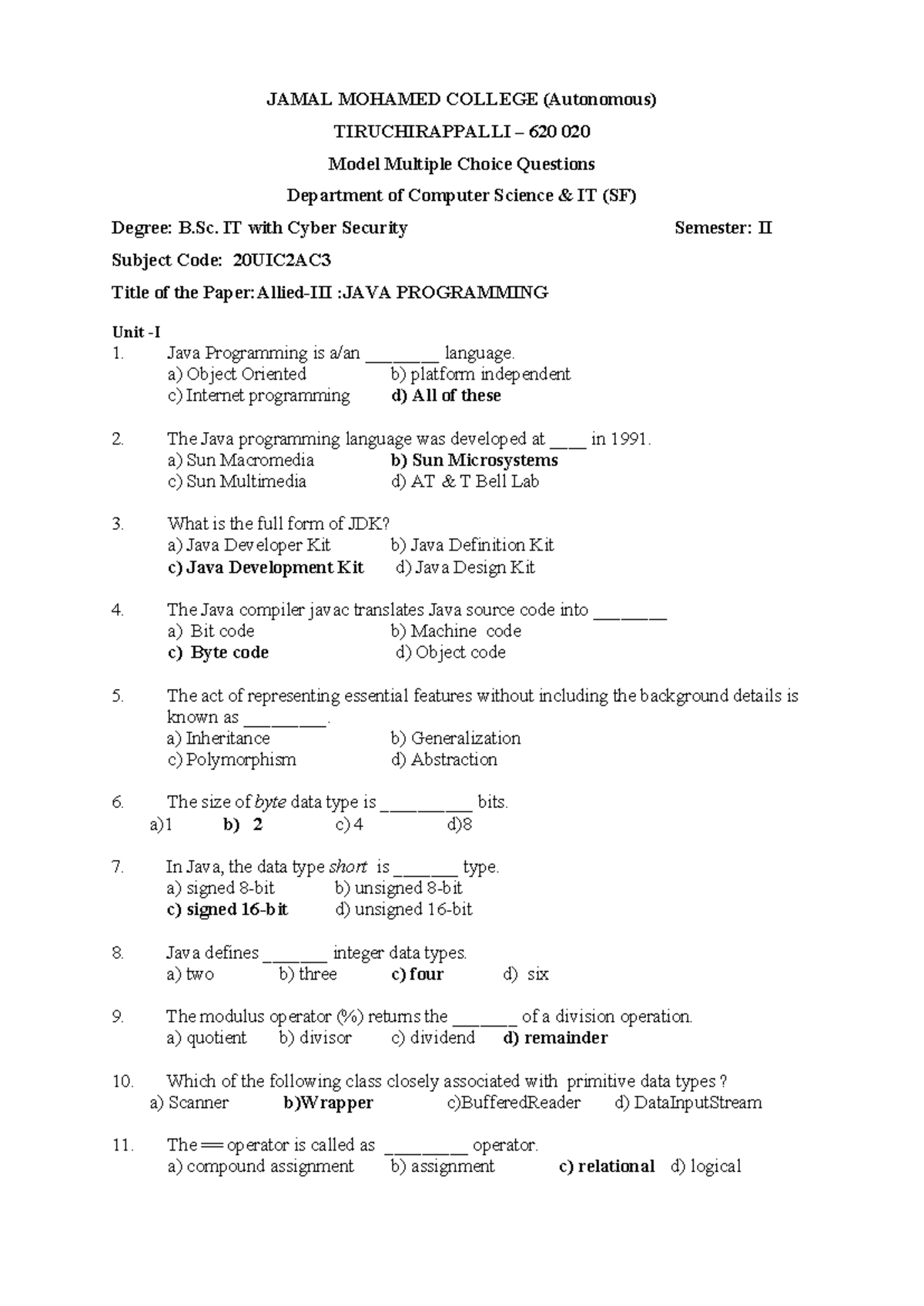 23UIC2AC3 - Java Programming Model MCQs for B.Sc. IT Cyber Security ...