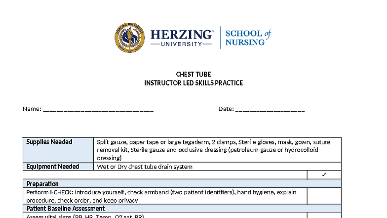 CHEST TUBE SKILLS PRACTICE - INSTRUCTOR LED SESSION - Studocu